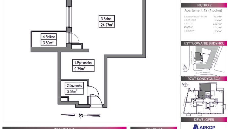 Rzut - Mieszkanie na sprzedaż 2 pokoje o powierzchni 37,42 m² - numer 12 w Centro Domini