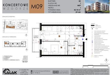 Rzut - Mieszkanie na sprzedaż 2 pokoje o powierzchni 45,1 m² - numer B2.9 w Koncertowe Wzgórze