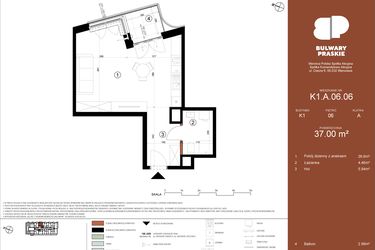 Rzut - Mieszkanie na sprzedaż 1 pokój o powierzchni 37 m² - numer K1.A.06.06 w Bulwary Praskie etap K i L