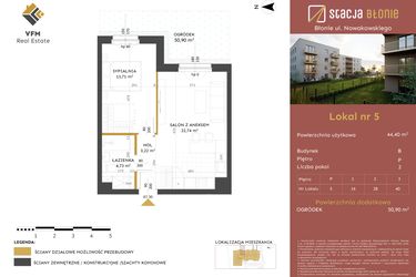 Rzut - Mieszkanie na sprzedaż 2 pokoje o powierzchni 44,4 m² - numer 5 w Stacja Błonie etap II
