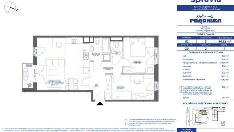 Rzut - Mieszkanie na sprzedaż 3 pokoje o powierzchni 66,62 m² - numer 30.52 w Osiedle Dolina Prądnika