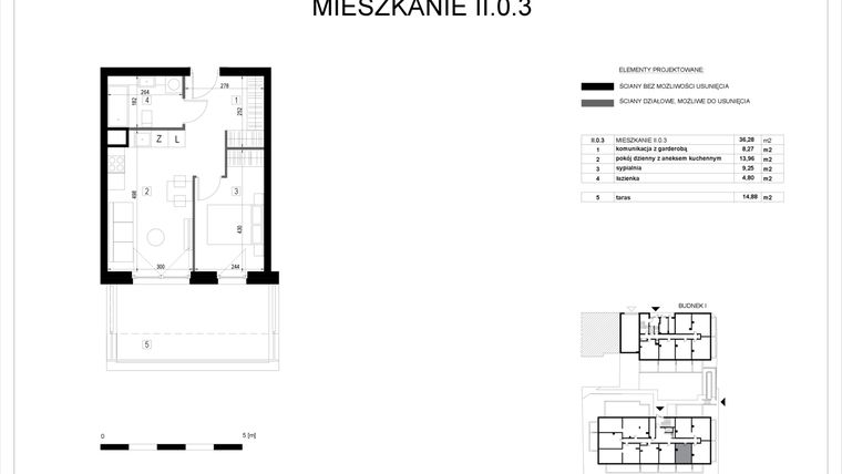 Rzut - Mieszkanie na sprzedaż 2 pokoje o powierzchni 36,28 m² - numer II.0.3 w Pryncypalna 66