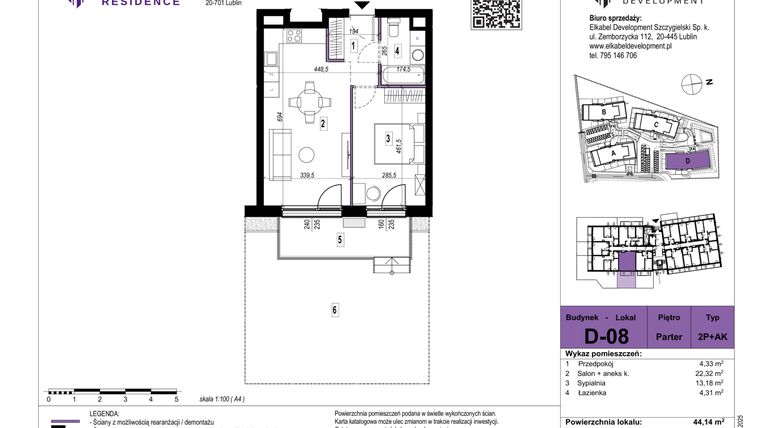 Rzut - Mieszkanie na sprzedaż 2 pokoje o powierzchni 44,14 m² - numer D-08 w Szerokie Residence