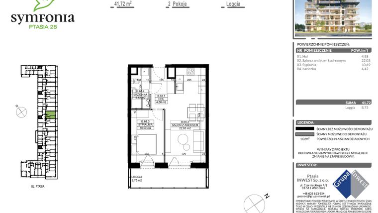 Rzut - Mieszkanie na sprzedaż 2 pokoje o powierzchni 41,72 m² - numer B.68 w Symfonia Ptasia 28
