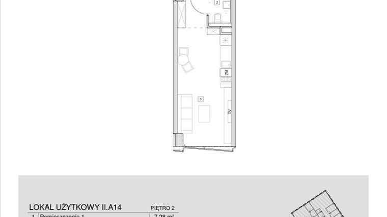 Rzut - Mieszkanie na sprzedaż 1 pokój o powierzchni 28,9 m² - numer II.A.14 w Krakowska 35 - Apartamenty Inwestycyjne