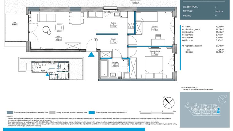 Rzut - Mieszkanie na sprzedaż 3 pokoje o powierzchni 59,19 m² - numer DA0002 w Talarowa Park II