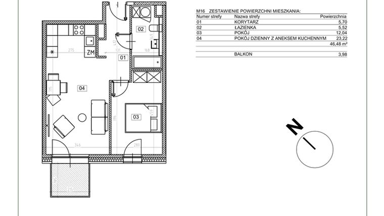 Rzut - Mieszkanie na sprzedaż 2 pokoje o powierzchni 46,48 m² - numer J.M16 w Osiedle Glivia Zachodnia