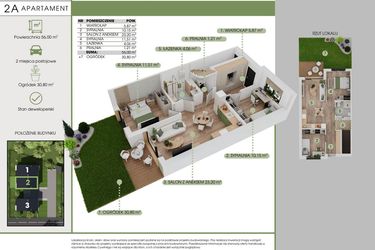 Rzut - Mieszkanie na sprzedaż 3 pokoje o powierzchni 56 m² - numer 2A w Green House Tuwima