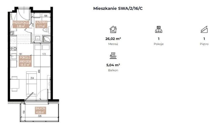 Rzut - Mieszkanie na sprzedaż 1 pokój o powierzchni 26,02 m² - numer SWA/2/16/C w Apartamenty Świeradowska