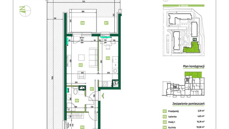 Rzut - Mieszkanie na sprzedaż 2 pokoje o powierzchni 48,38 m² - numer 9B.1 w Zielona Przystań etap III