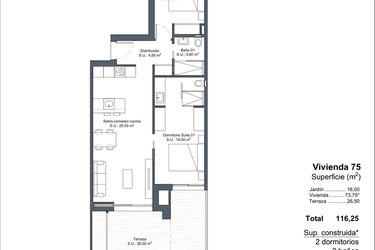 Rzut - Dom na sprzedaż 2 pokoje o powierzchni 116,25 m² - numer 0-75 w Domy w Ciudad Quesada - 18228363