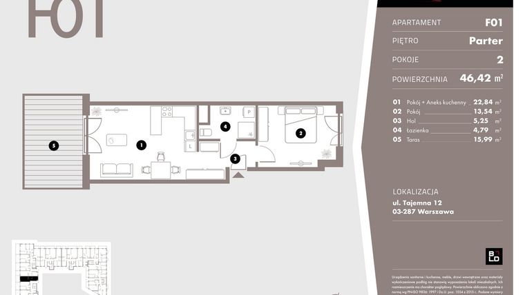 Rzut - Mieszkanie na sprzedaż 2 pokoje o powierzchni 46,42 m² - numer F01 w Livo