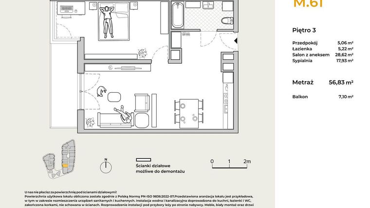 Rzut - Mieszkanie na sprzedaż 2 pokoje o powierzchni 56,83 m² - numer M61 w Baja Piaśniki