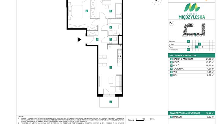 Rzut - Mieszkanie na sprzedaż 3 pokoje o powierzchni 58,92 m² - numer 106 w Osiedle Międzyleska - etap II