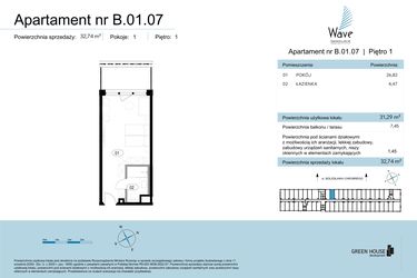 Rzut - Mieszkanie na sprzedaż 1 pokój o powierzchni 32,74 m² - numer B.01.07 w Wave Świnoujście Thermal & Spa
