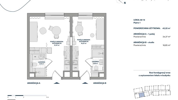 Rzut - Mieszkanie na sprzedaż 2 pokoje o powierzchni 43,22 m² - numer 14 w AtHome - Apartamenty inwestycyjne