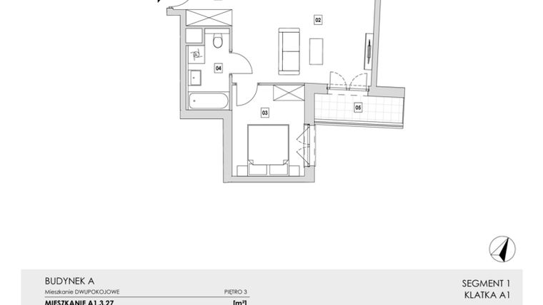 Rzut - Mieszkanie na sprzedaż 2 pokoje o powierzchni 40,21 m² - numer A1.3.27 w Zakole Wisły