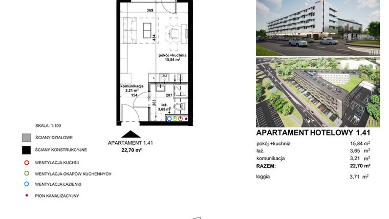 Rzut - Mieszkanie na sprzedaż 1 pokój o powierzchni 22,65 m² - numer 1.41 w Apartamentowiec Zwycięska 3 - inwestycyjne