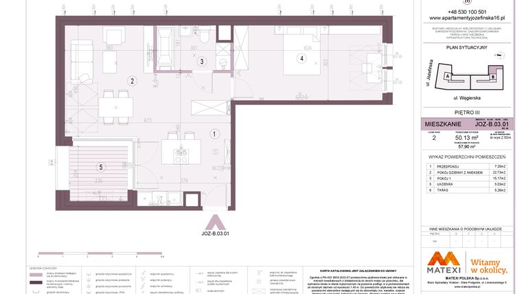Rzut - Mieszkanie na sprzedaż 2 pokoje o powierzchni 50,13 m² - numer B.03.01 w Apartamenty Józefińska