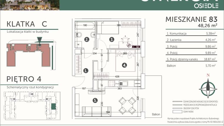 Rzut - Mieszkanie na sprzedaż 3 pokoje o powierzchni 48,26 m² - numer M83 w SYNERGIA