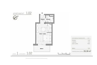 Rzut - Mieszkanie na sprzedaż 1 pokój o powierzchni 25,39 m² - numer 2.2 w Villa Książąt Pomorskich