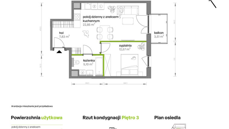 Rzut - Mieszkanie na sprzedaż 2 pokoje o powierzchni 48,35 m² - numer AA0309 w Ptasia Vita