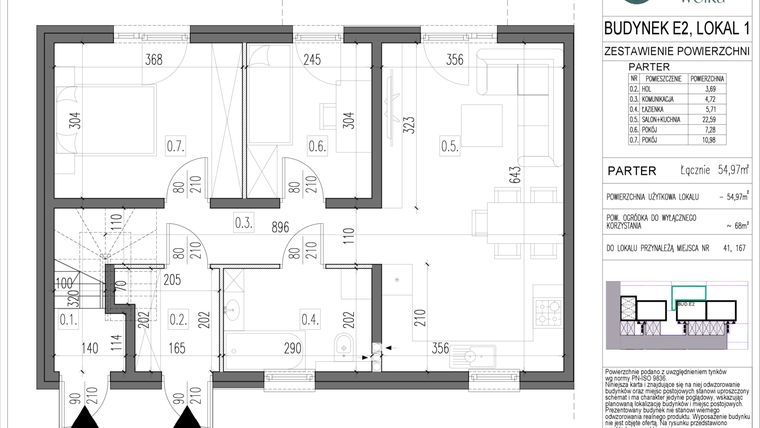 Rzut - Mieszkanie na sprzedaż 3 pokoje o powierzchni 54,97 m² - numer E2.1 w Spokojna Wólka etap V