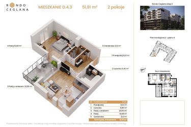 Rzut - Mieszkanie na sprzedaż 2 pokoje o powierzchni 51,86 m² - numer D.4.3 w Rondo Ceglana etap II