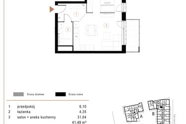Rzut - Mieszkanie na sprzedaż 1 pokój o powierzchni 41,49 m² - numer D16 w Osiedle Józefowska