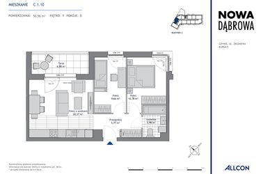 Rzut - Mieszkanie na sprzedaż 3 pokoje o powierzchni 50,56 m² - numer C.1.10 w Nowa Dąbrowa