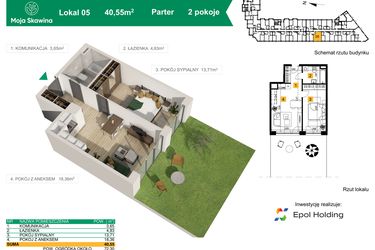 Rzut - Mieszkanie na sprzedaż 2 pokoje o powierzchni 40,55 m² - numer M5 w Moja Skawina