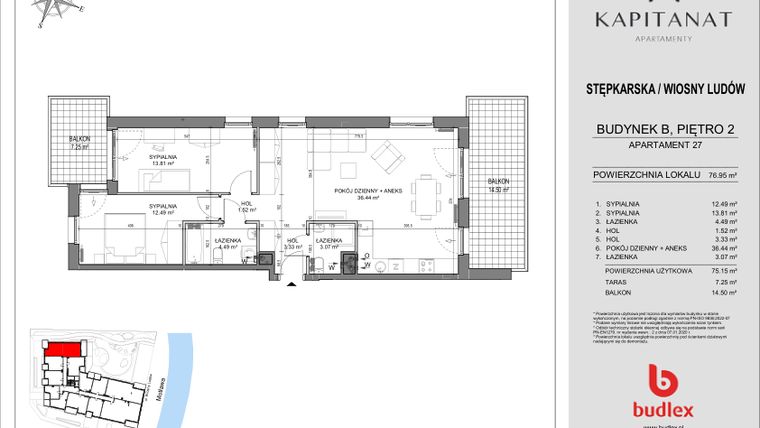 Rzut - Mieszkanie na sprzedaż 3 pokoje o powierzchni 76,95 m² - numer 27.B w Kapitanat Apartamenty
