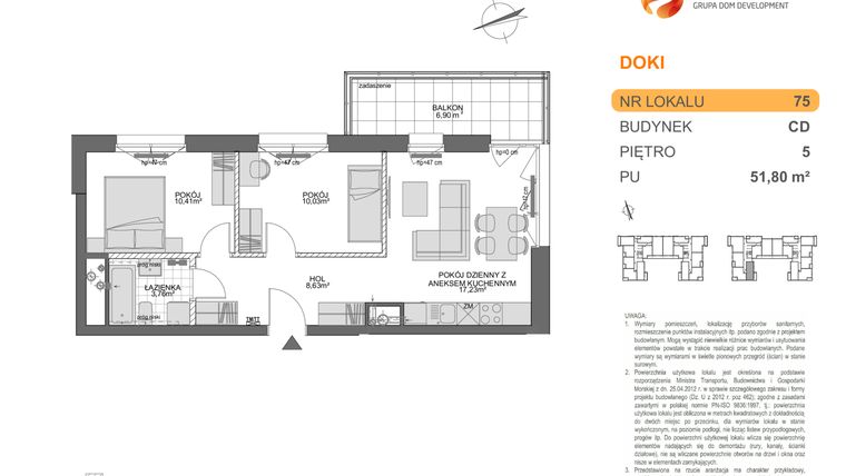 Rzut - Mieszkanie na sprzedaż 3 pokoje o powierzchni 51,8 m² - numer CD.75 w DOKI