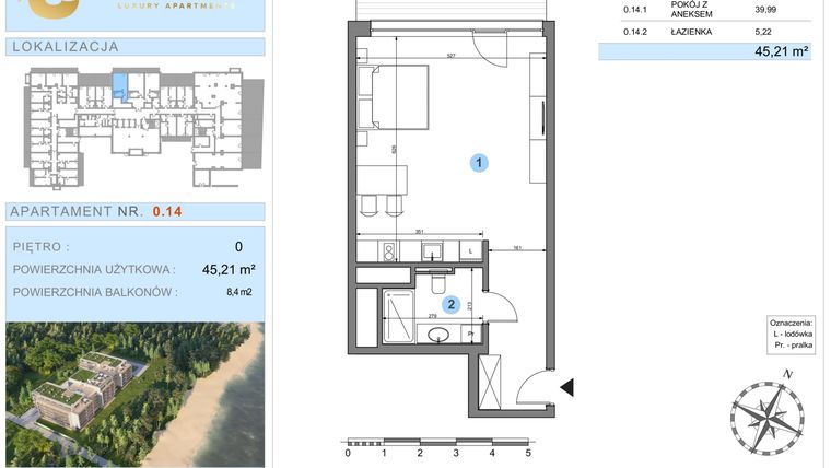 Rzut - Mieszkanie na sprzedaż 1 pokój o powierzchni 45,21 m² - numer 0.14 w Ustronie Luxury Apartments
