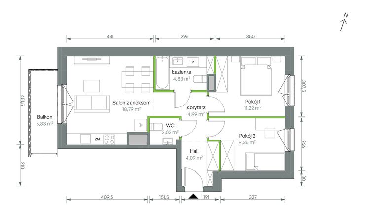 Rzut - Mieszkanie na sprzedaż 3 pokoje o powierzchni 55,3 m² - numer 2/B/2/40 w Oliwska Vita