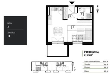 Rzut - Mieszkanie na sprzedaż 1 pokój o powierzchni 31,25 m² - numer M.11 w Zielony Horyzont II