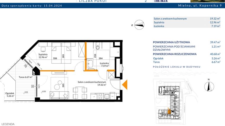 Rzut - Mieszkanie na sprzedaż 2 pokoje o powierzchni 40,68 m² - numer 0.06 w The Blue