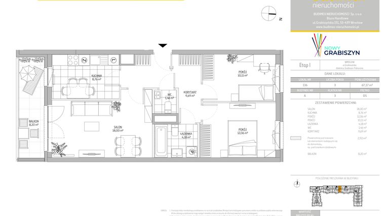 Rzut - Mieszkanie na sprzedaż 3 pokoje o powierzchni 67,17 m² - numer 136 w Nowy Grabiszyn