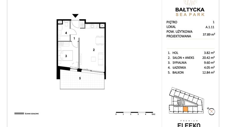 Rzut - Mieszkanie na sprzedaż 2 pokoje o powierzchni 37,89 m² - numer A.1.11 w Bałtycka Sea Park