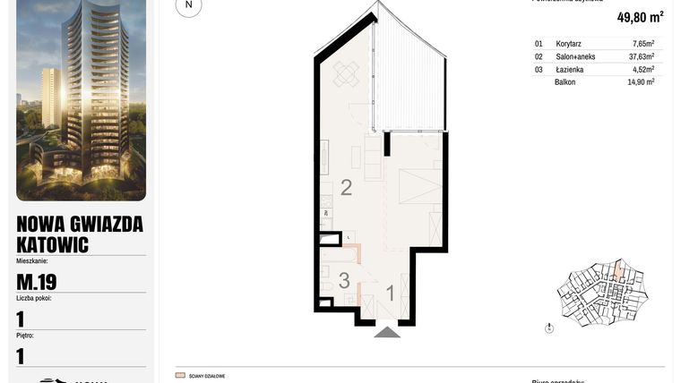 Rzut - Mieszkanie na sprzedaż 1 pokój o powierzchni 49,8 m² - numer M.19 w Nowa Gwiazda
