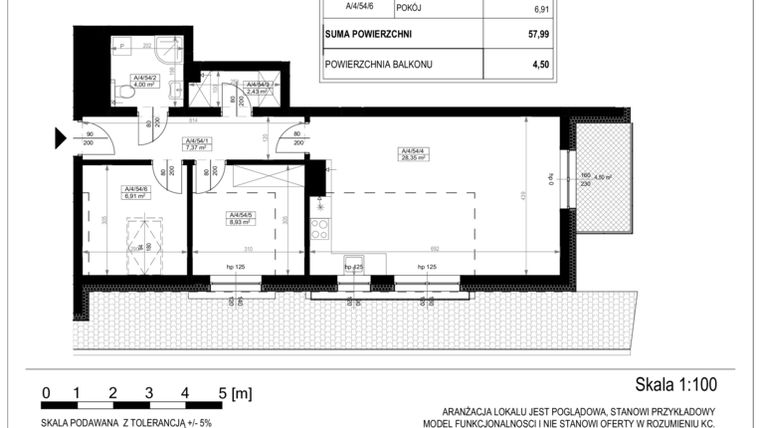 Rzut - Mieszkanie na sprzedaż 4 pokoje o powierzchni 57,99 m² - numer A-4-54 w Zamieszkaj na Rudawskiej 5