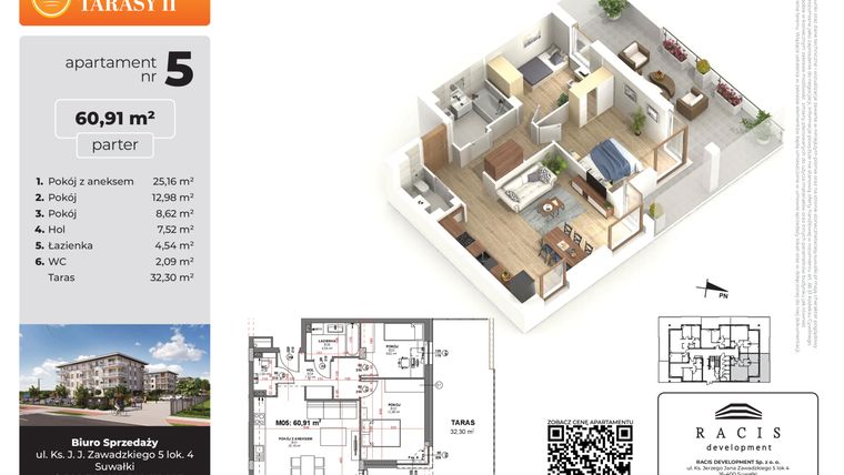Rzut - Mieszkanie na sprzedaż 3 pokoje o powierzchni 60,91 m² - numer 5 w Słoneczne Tarasy II etap 2