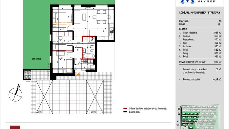 Rzut - Mieszkanie na sprzedaż 3 pokoje o powierzchni 69,85 m² - numer 55.1 w Przystań Młynek