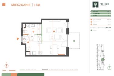 Rzut - Mieszkanie na sprzedaż 1 pokój o powierzchni 32,84 m² - numer M.07.08 w Casa Feliz Portowa