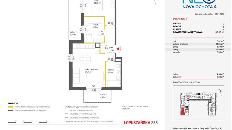 Rzut - Mieszkanie na sprzedaż 3 pokoje o powierzchni 55,05 m² - numer 4 w Neo Nova Ochota 4