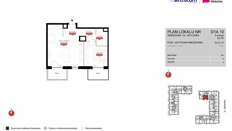 Rzut - Mieszkanie na sprzedaż 2 pokoje o powierzchni 52,57 m² - numer D1A 10 w Modern Mokotów etap 4, budynek D1 i D2