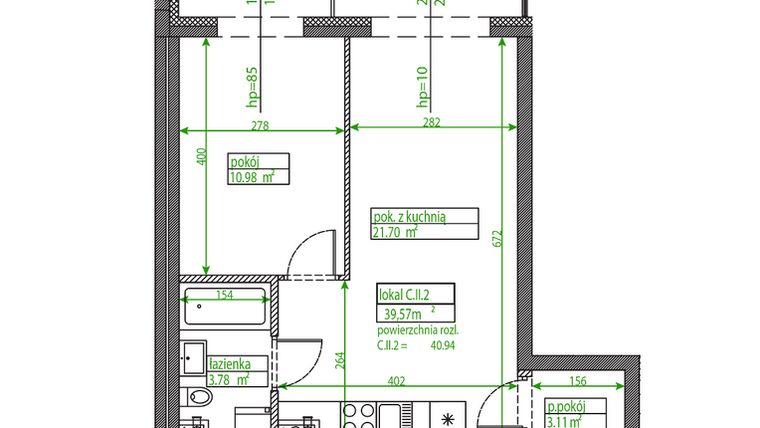 Rzut - Mieszkanie na sprzedaż 2 pokoje o powierzchni 39,42 m² - numer C.II.2 w Osiedle Opolska