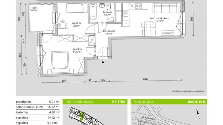 Rzut - Mieszkanie na sprzedaż 3 pokoje o powierzchni 51,18 m² - numer B/K7/5/17 w Kamienna 145