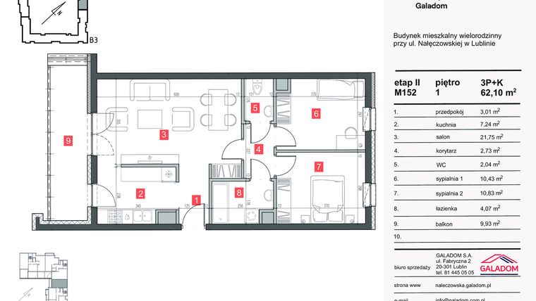 Rzut - Mieszkanie na sprzedaż 3 pokoje o powierzchni 62,1 m² - numer M-152 w Nałęczowska etap II