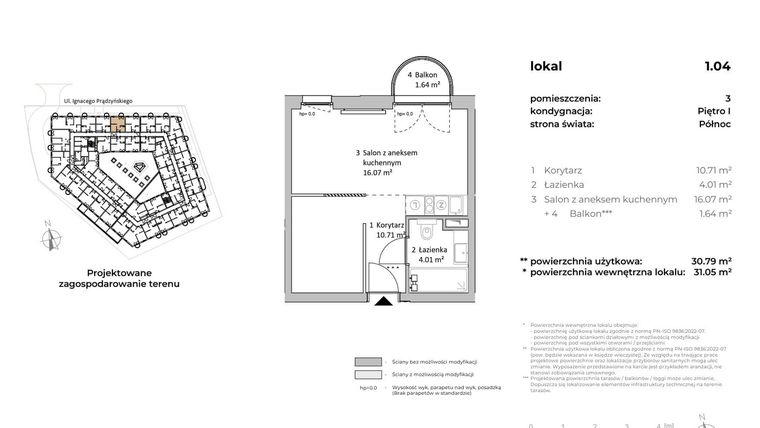 Rzut - Mieszkanie na sprzedaż 1 pokój o powierzchni 30,79 m² - numer 1.04 w OVAL SKY